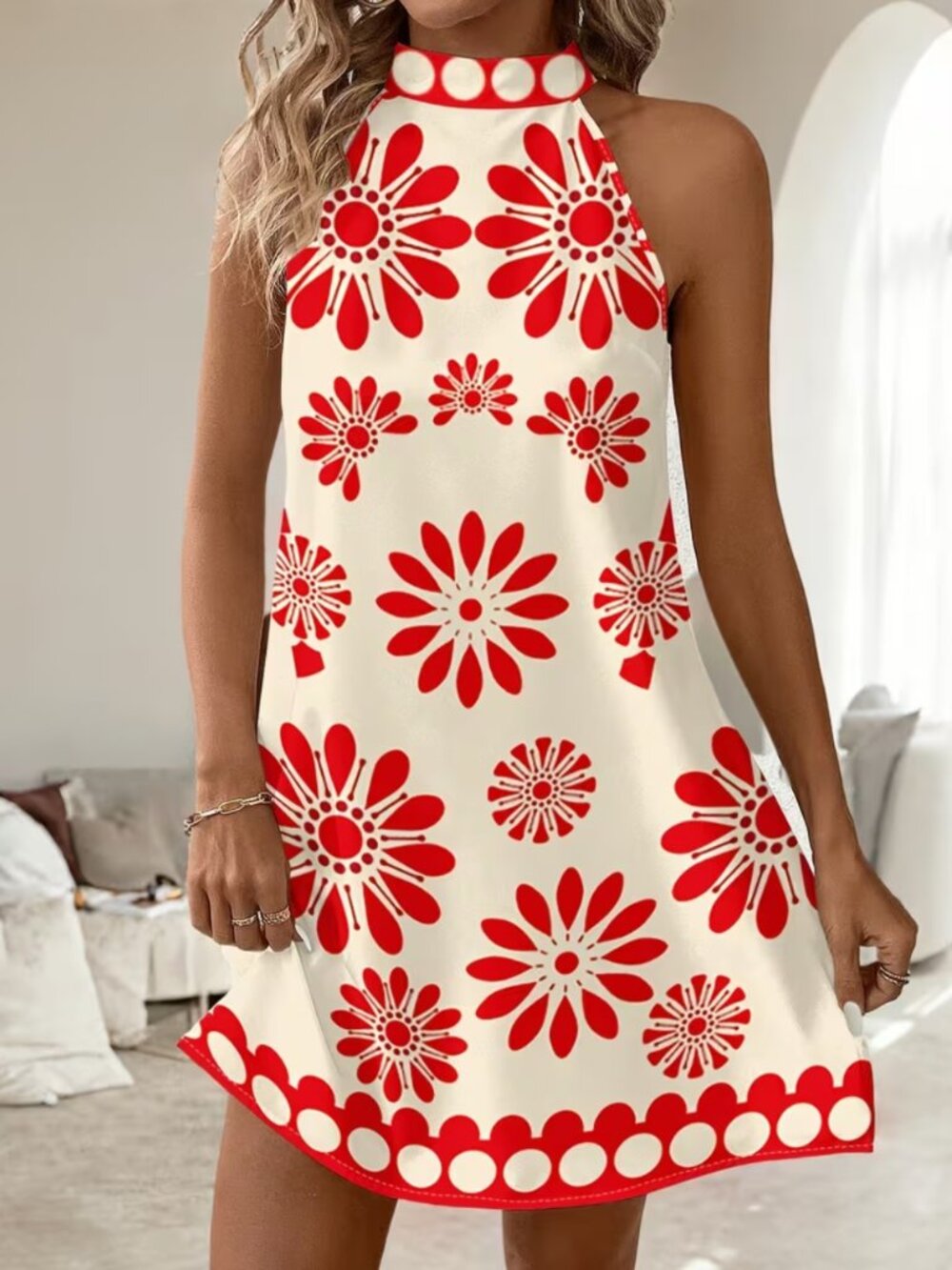 NWT Size 14 Floral Daisy Halter Neck Shift Dress Red Off White Summer Boho Shift